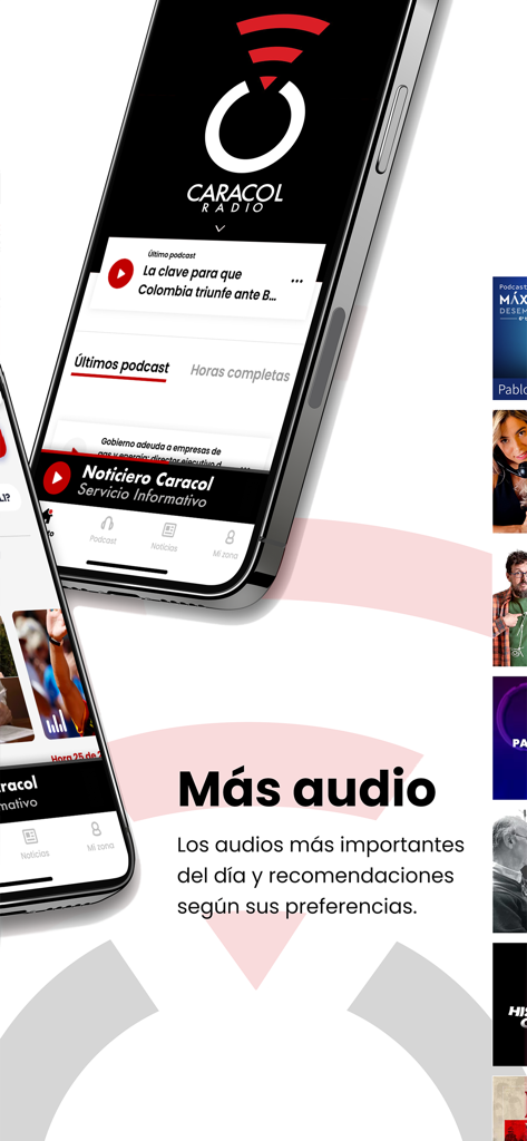 Interfaz de la aplicación Caracol Radio mostrando audio en vivo y podcasts de noticias