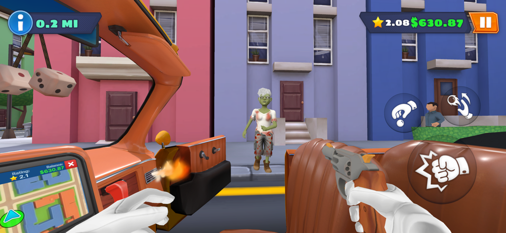 I Am Taxi Driver - Vue à la première personne depuis le siège du conducteur d'un taxi montrant un personnage zombie debout à l'extérieur d'une voiture orange dans une rue colorée.