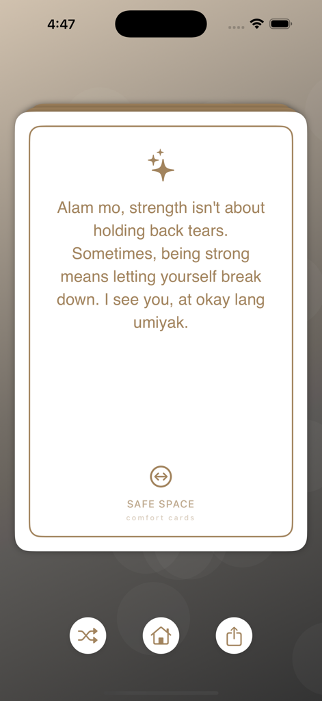 Comfort Cards - A digital card from the Comfort Cards app showing a supportive message in Taglish about emotional strength and the validity of crying.