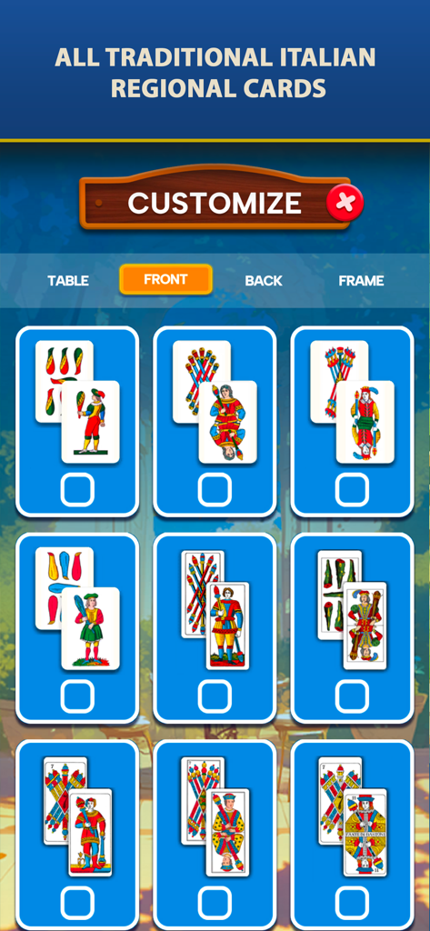 Scopa Classic - Pantalla de personalización para Scopa Classic mostrando diferentes opciones de mazos de cartas italianos tradicionales.