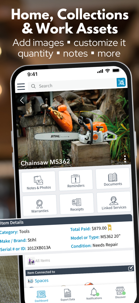 Itemtopia Inventory - Itemtopia app interface showing a professional tool entry with price and warranty tracking features