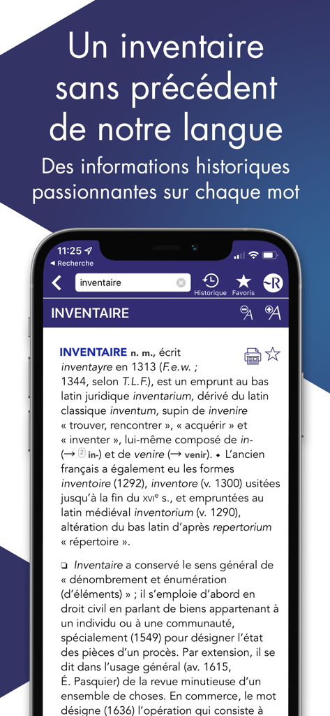 Dictionnaire Robert Historique - Historical etymology entry for the word inventaire in the Dictionnaire Robert Historique app