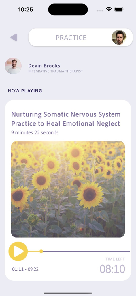SomaShare - Deep Healing - Mobile app screen showing a somatic nervous system practice titled Nurturing Somatic Nervous System Practice.
