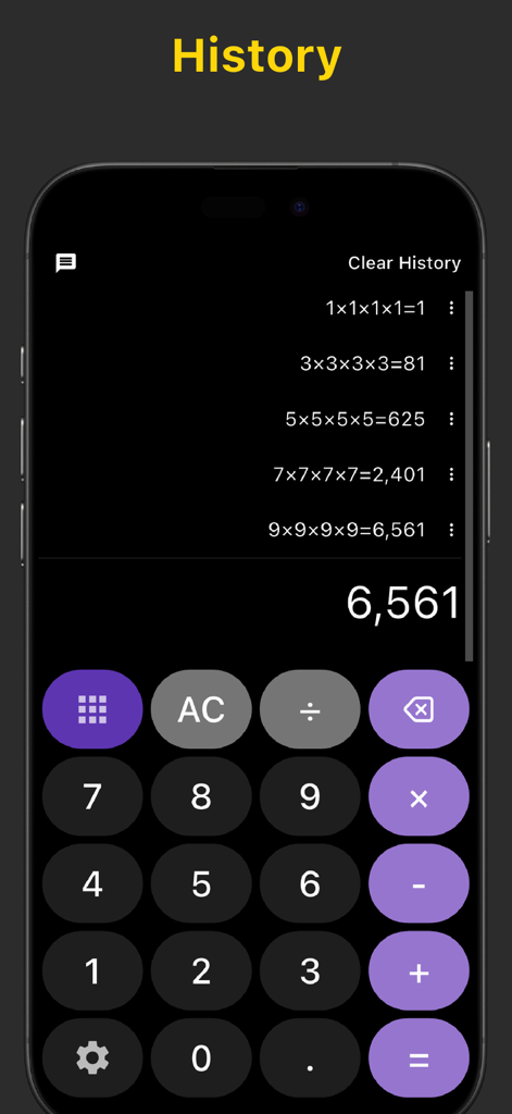 Calculator-EasyCalc,Real voice - Calculator interface showing a detailed history log of past calculations on a dark purple theme
