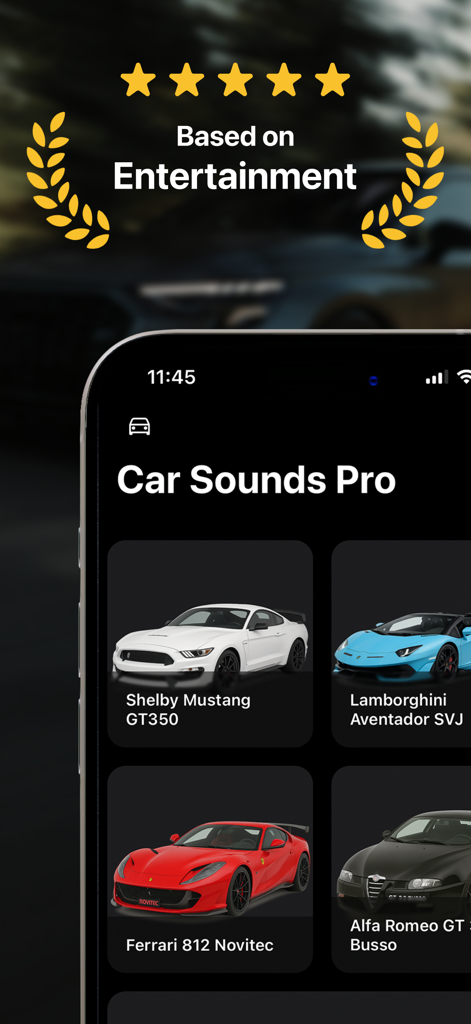 Car Sounds Simulator - RevIt - Mobile app interface of Car Sounds Simulator showing a selection of car models including Shelby Mustang and Lamborghini Aventador.