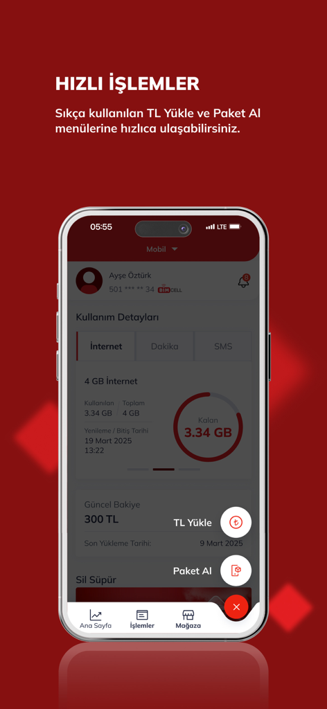 Bimcell Online İşlemler - Bimcell app interface showing data usage balance and quick top up options in Turkish