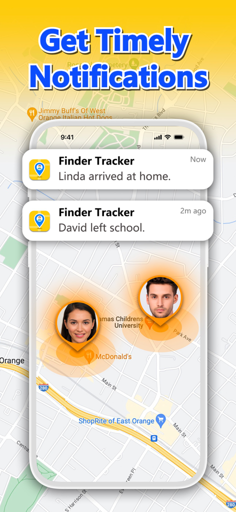Phone tracker app interface showing arrival and departure notifications on a GPS map