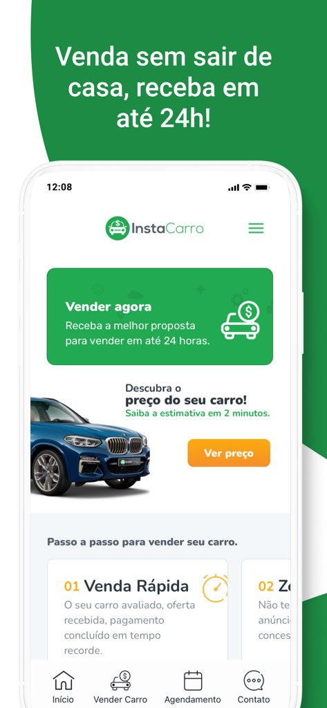 InstaCarro: Venda de Carros - Home screen of the InstaCarro app featuring car selling tools and a 24-hour payment offer