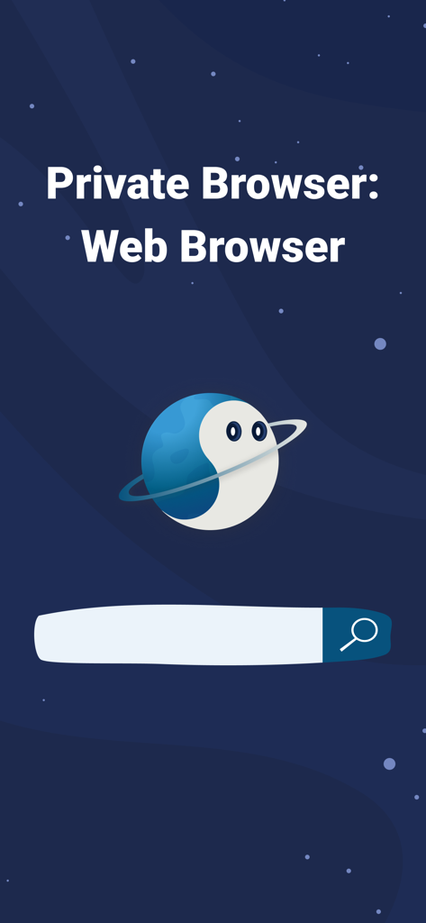 Private Browser: Web Browser - Der Startbildschirm der Private Browser-App mit einer Suchleiste und einem blauen Planeten-Maskottchen vor einem sternenklaren Hintergrund