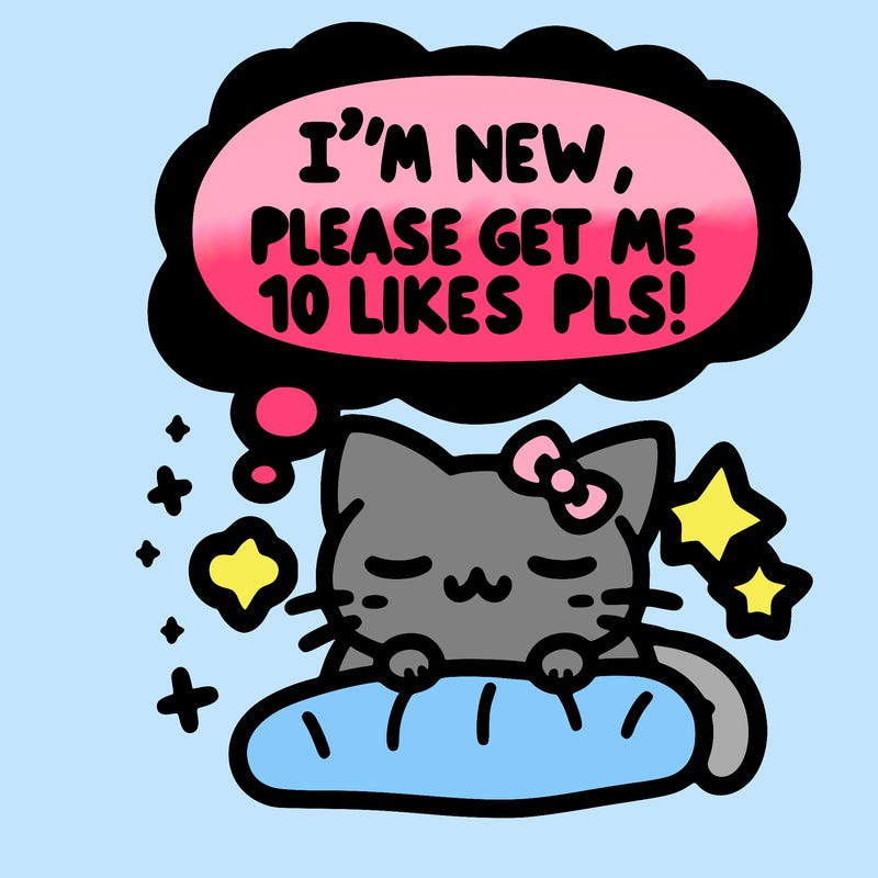 kitty taking a nap dream talking and saying "i'm new, please get me at least 10 likes pls!!"