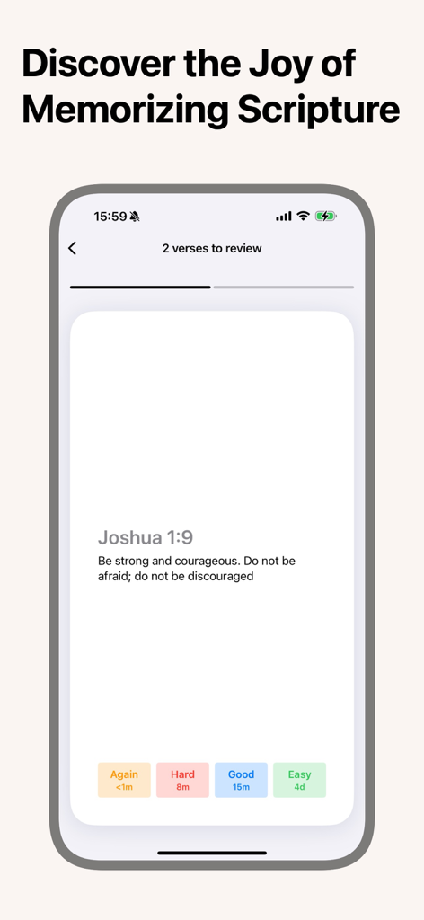 Tela do iPhone mostrando um flashcard de versículo bíblico para Josué 1:9 com botões de revisão de repetição espaçada no Aplicativo de Memorização Bíblica.