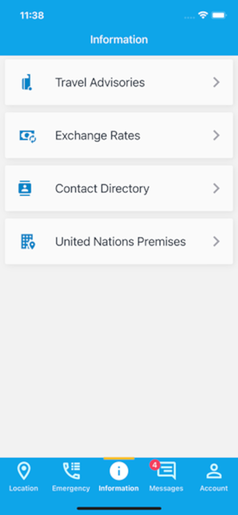 Pantalla del menú de la aplicación eTA que muestra Avisos de Viaje, Tipos de Cambio e Instalaciones de las Naciones Unidas.