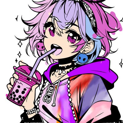 hot baddie anime girl drinking boba and biting the straw
