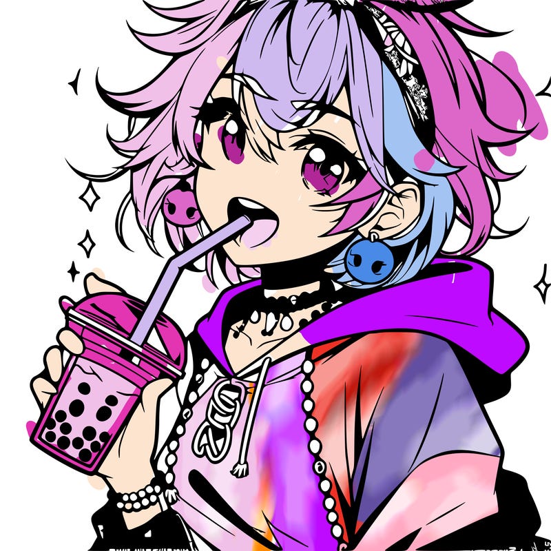 hot baddie anime girl drinking boba and biting the straw