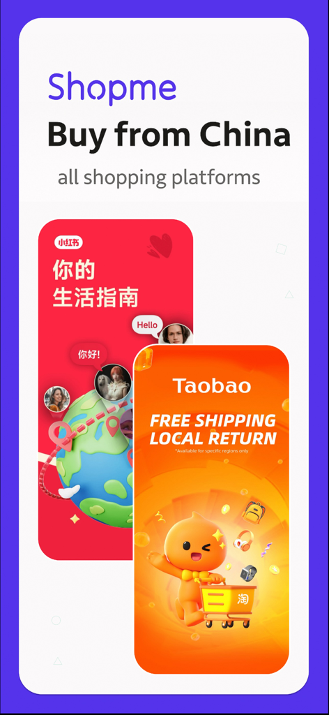 Shopme Agent app screen promoting shopping from Chinese platforms like Taobao and Rednote