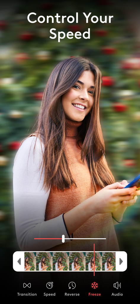 Interfaz de la aplicación móvil Videoleap mostrando herramientas de edición de velocidad de video y fotograma congelado en un clip de video cinematográfico
