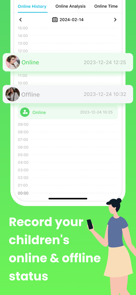 WspSeen-Last Seen Tracking App - WspSeen app interface displaying a detailed timeline of WhatsApp online and offline activity logs for parental oversight