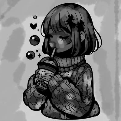 manga girl drinking boba in cozy sweater