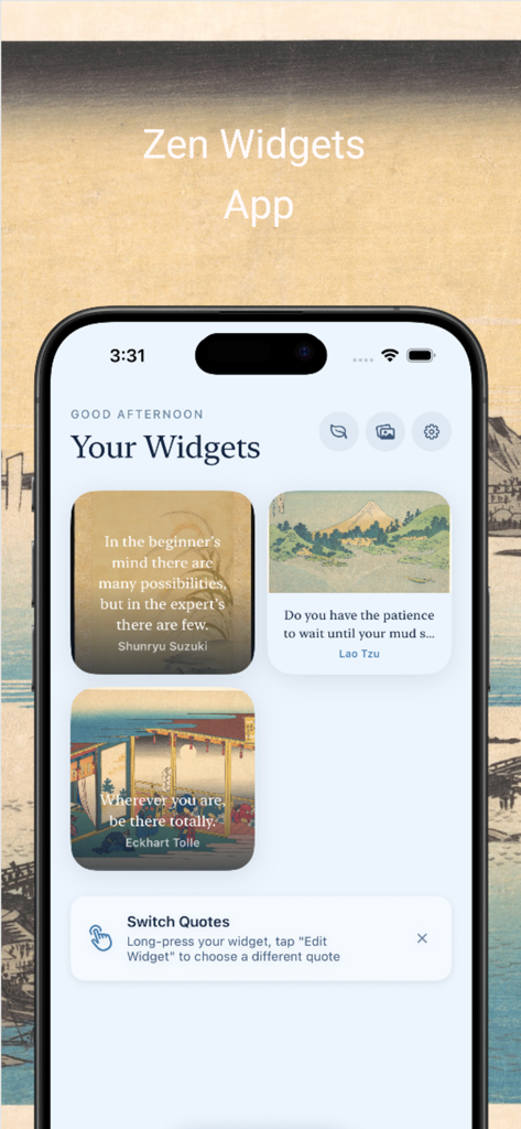 Zen Widgets - Un écran d'iPhone affichant Zen Widgets avec de l'art ukiyo-e japonais et des citations de pleine conscience