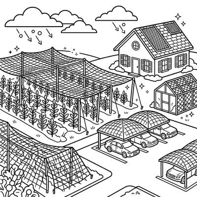 Dive into a unique full scene coloring page featuring various methods of hail protection for property and crops. This intricate design invites you to explore sustainable living and prepare for nature's challenges through creative expression.