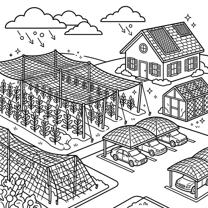 Dive into a unique full scene coloring page featuring various methods of hail protection for property and crops. This intricate design invites you to explore sustainable living and prepare for nature's challenges through creative expression.