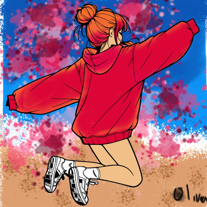 realistic girl jumping with a bun and oversized sweatshirt