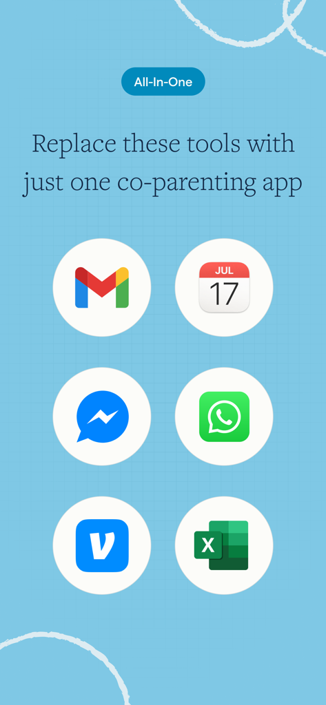 OurFamilyWizard Co-Parent App - Grafico che mostra OurFamilyWizard come sostituto all-in-one per app come Gmail, WhatsApp ed Excel.