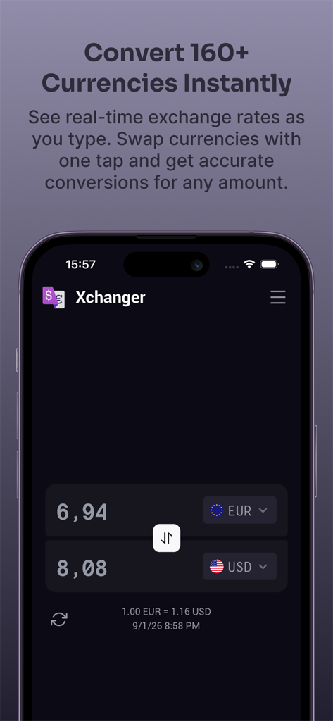 Xchanger mobile app interface showing real-time currency conversion between Euro and US Dollar in dark mode