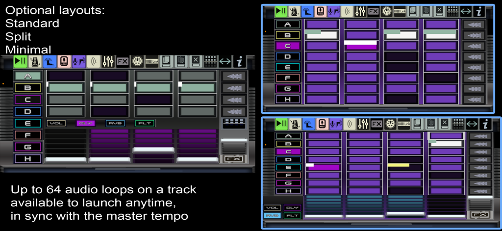 LooP Dup App-Oberfläche, die Standard-Split- und Minimal-Layout-Optionen für die Audio-Performance zeigt