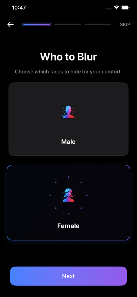 Interfaz de la aplicación HaramBlur para seleccionar si difuminar rostros masculinos o femeninos para privacidad y modestia.