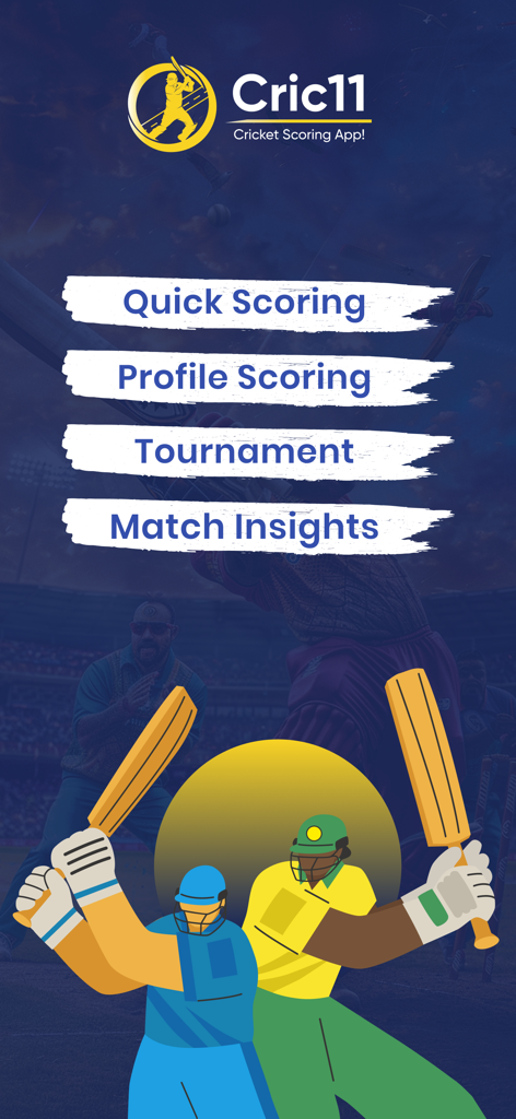 Cric11 app home screen featuring quick scoring profile scoring tournament and match insights with cricket player illustrations
