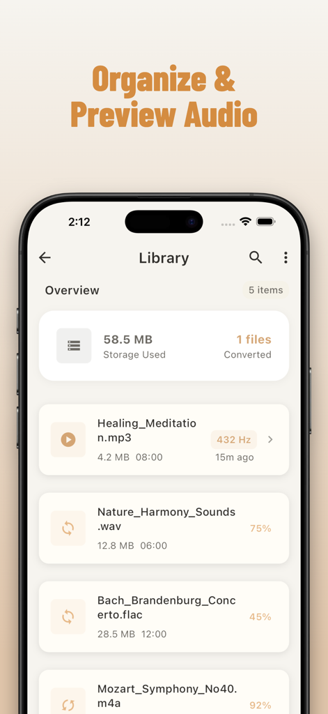 App interface for organizing and previewing 432 Hz converted music files in a library view.