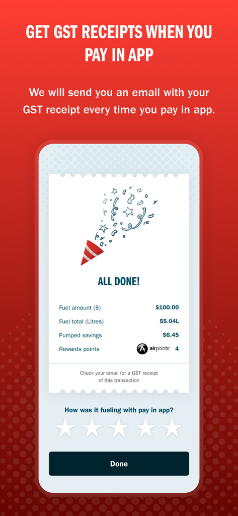 Digital fuel receipt and savings summary in the Caltex NZ app