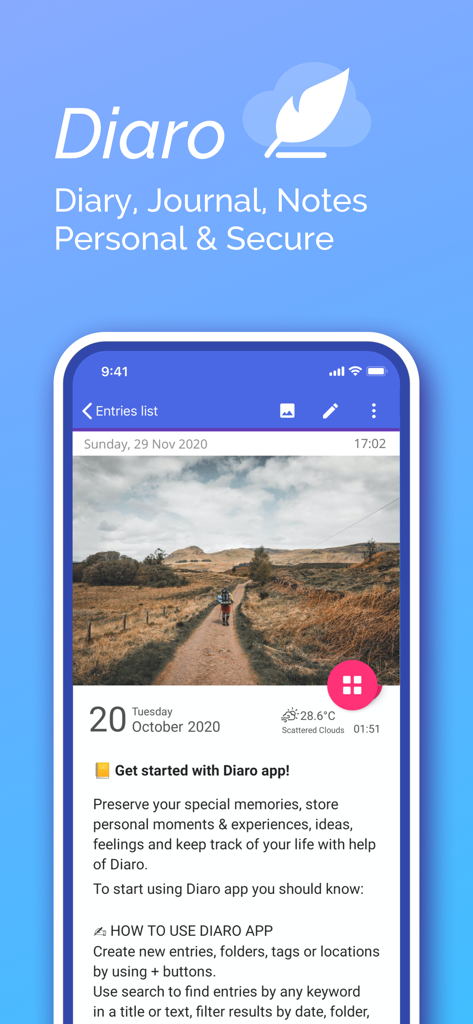 Interfaz de la aplicación móvil Diaro que muestra una entrada de diario personal segura con una foto y notas de texto