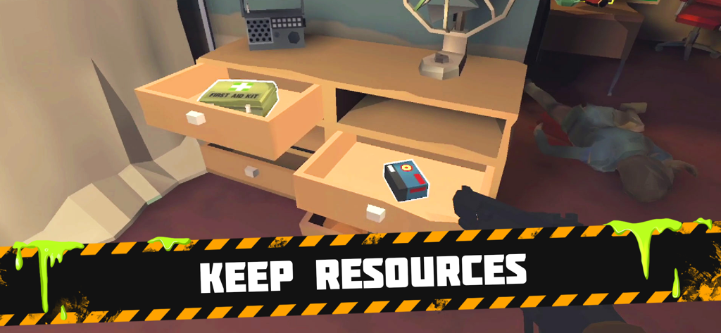 Bunker: Zombie Survival Games - A first person view of a player looting a first aid kit and ammunition from desk drawers in a post apocalyptic room