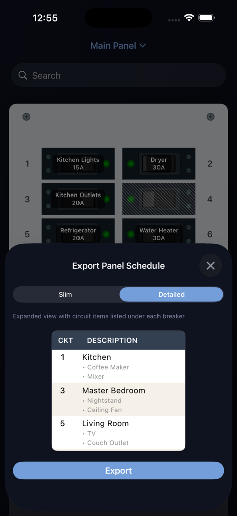A mobile interface for exporting a detailed breaker panel schedule with labeled circuits for different rooms.