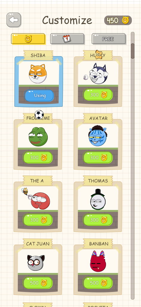 Save The Doge: Rescue Dog Game - Character customization screen in Save The Doge showing various meme-inspired skins like Shiba Husky and Frogmeme