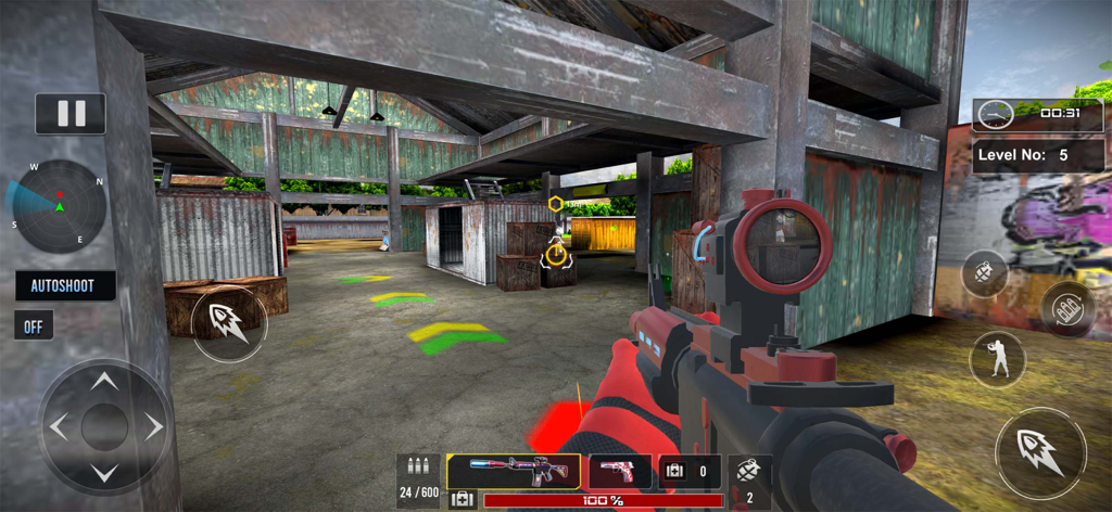 FPS Fire: Battle Royale Games - Captura de pantalla de jugabilidad en primera persona de FPS Fire Battle Royale con un rifle de asalto rojo en un nivel industrial.