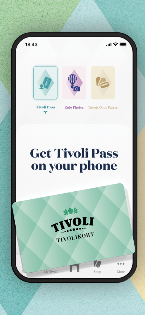 Tivoli Gardens - A mobile phone screen displaying the option to get a digital Tivoli Pass within the Tivoli Gardens app