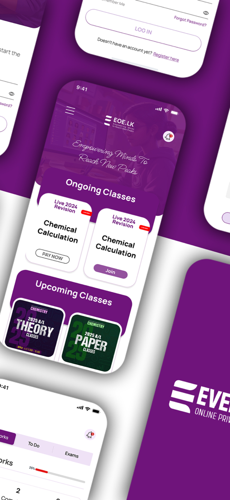 eoe.lk - Mobile app screens of eoe.lk showing ongoing and upcoming chemistry classes with a purple user interface