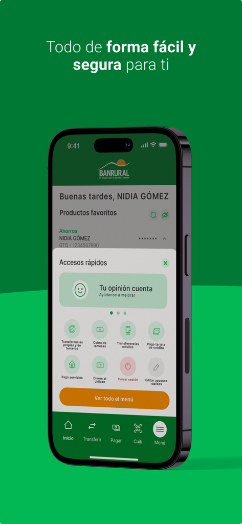 BANRURAL - Pantalla de inicio de la app de banca móvil de BANRURAL que muestra el menú de acceso rápido y los detalles de la cuenta.
