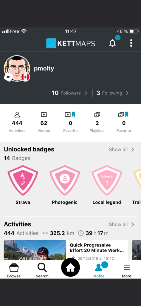 KETTMaps - KETTMaps app user profile screen displaying workout activities, total distance, and unlocked achievement badges.