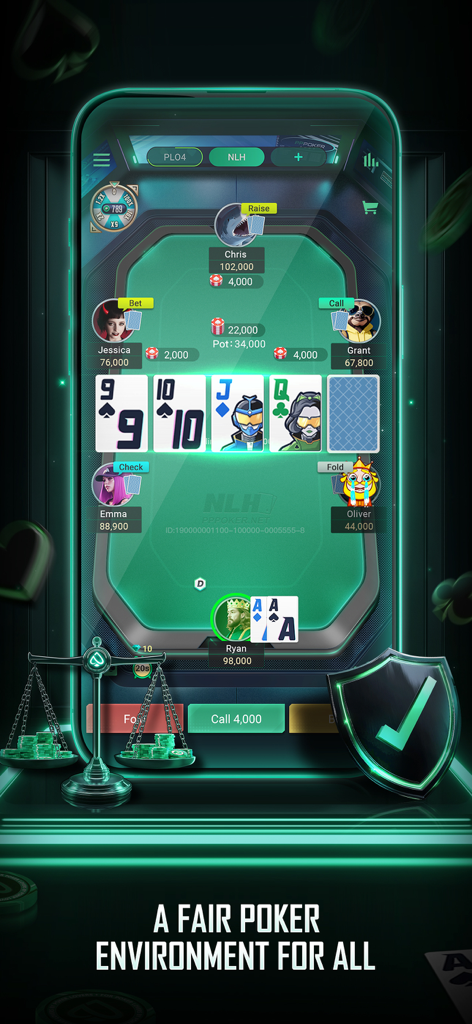 Captura de pantalla de un teléfono móvil mostrando una mesa de juego de PPPoker con iconos de escudo de seguridad y balanza de justicia que representan un entorno de póker justo