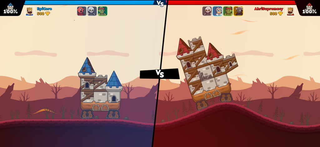 Castle Clashers! - Visão de tela dividida de dois castelos móveis em uma partida PvP 1v1 em Castle Clashers