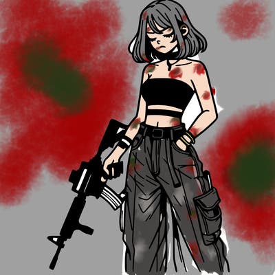 a dangerous girlcrop top and baggy jeans with a rifle in her hand