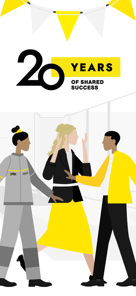 Портал ДТЕК - An anniversary illustration from the DTEK Portal app celebrating 20 years of shared success with diverse corporate employees