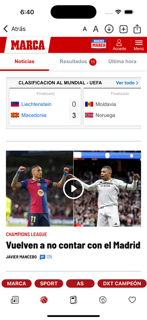 Periódicos de España - Captura de tela da seção do jornal esportivo Marca dentro do aplicativo Periódicos de España mostrando placares de futebol e notícias