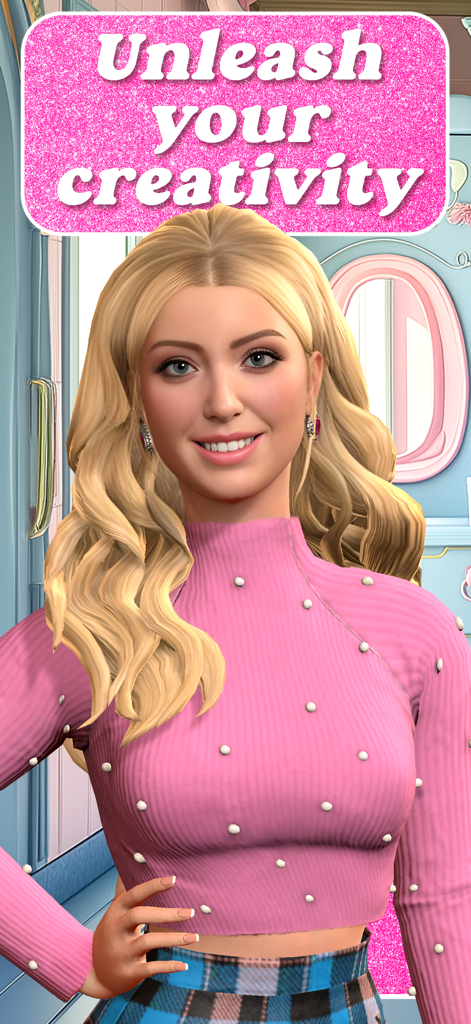A blonde virtual model styled in a pink sweater with the text unleash your creativity
