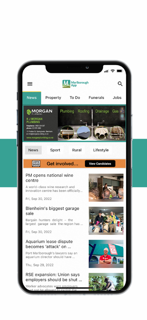 Die Benutzeroberfläche der Marlborough App zeigt lokale Nachrichtenartikel und Community-Kategorien auf einem Smartphone an.