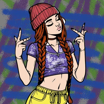 realistic teenage girl with braids and a beanie and crop top doing 🫶🏼